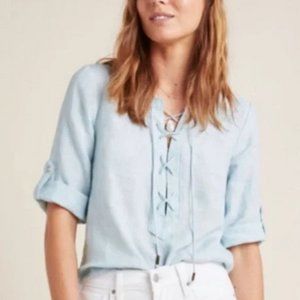 Anthropologie Maeve 100% Linen Marva Lace Up Tassel Neck Top 3/4 Roll Tab Sleeve